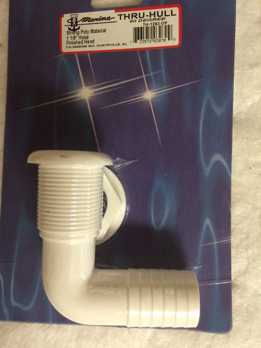 THRU HULL FITTING 1-1/8" HOSE WHITE POLYPROPYLENE 232 TH1292DP 90 DEGREE BOATING