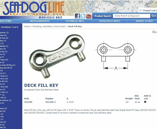 DECK FILL KEY STAINLESS SEADOG 3513991 1-3/16 CENTER ON PINS FUEL GAS WATER TOOL