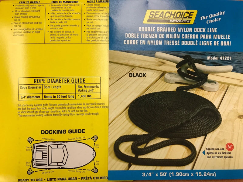 Load image into Gallery viewer, DOUBLE BRAID DOCK LINE  3/4&quot; X 50FT BLACK  50-47221  4 PAC 24&quot; EYE SPLICE BOAT
