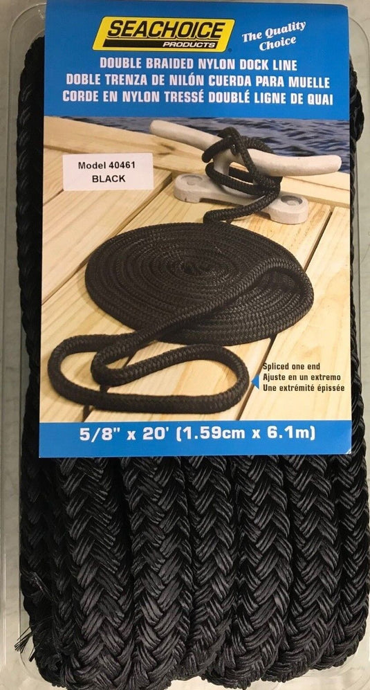 DOUBLE BRAID DOCK LINE  5/8" X 20FT BLACK  50-40461 15" EYE SPLICE BOAT ROPE