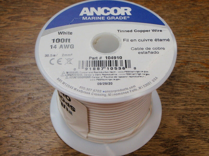 PRIMARY WIRE MARINE BOAT TINNED COPPER 14GA WHITE 100FT ROLL 639 104910 ANCOR