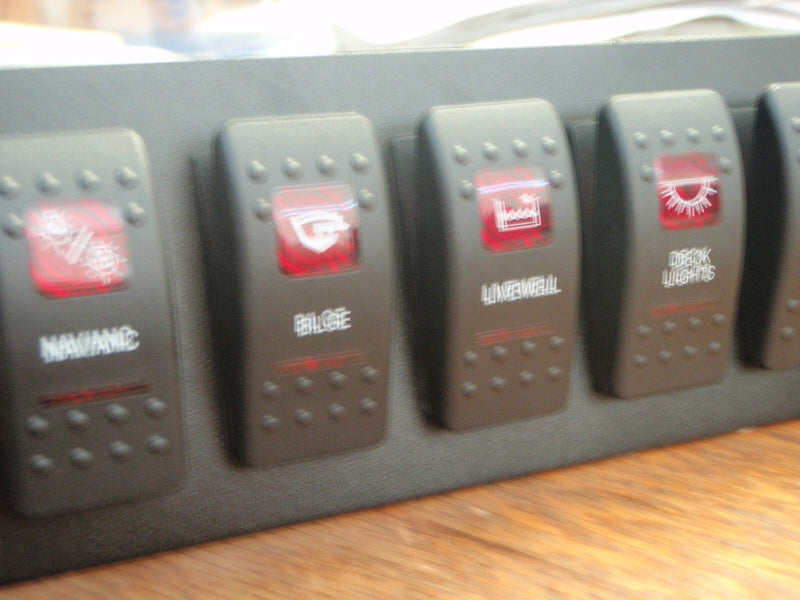 Load image into Gallery viewer, SWITCH PANEL 8 SWITCHES PSC81BK CARLING CONTURA BLACK 2 RED LENS V1D1G66B V1D1
