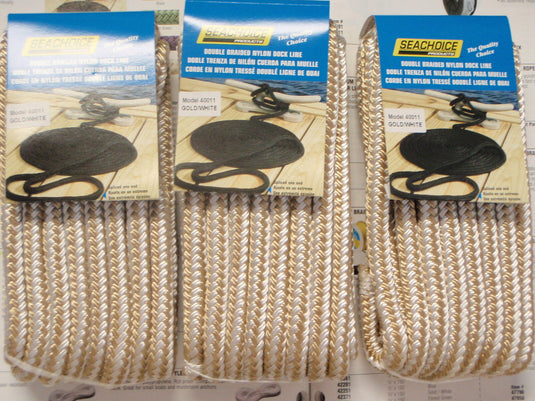 DOUBLE BRAID DOCK LINE  3/8" X 15FT GOLD WHITE 40011 NYLON DOCKLINES 3 PAC SALE